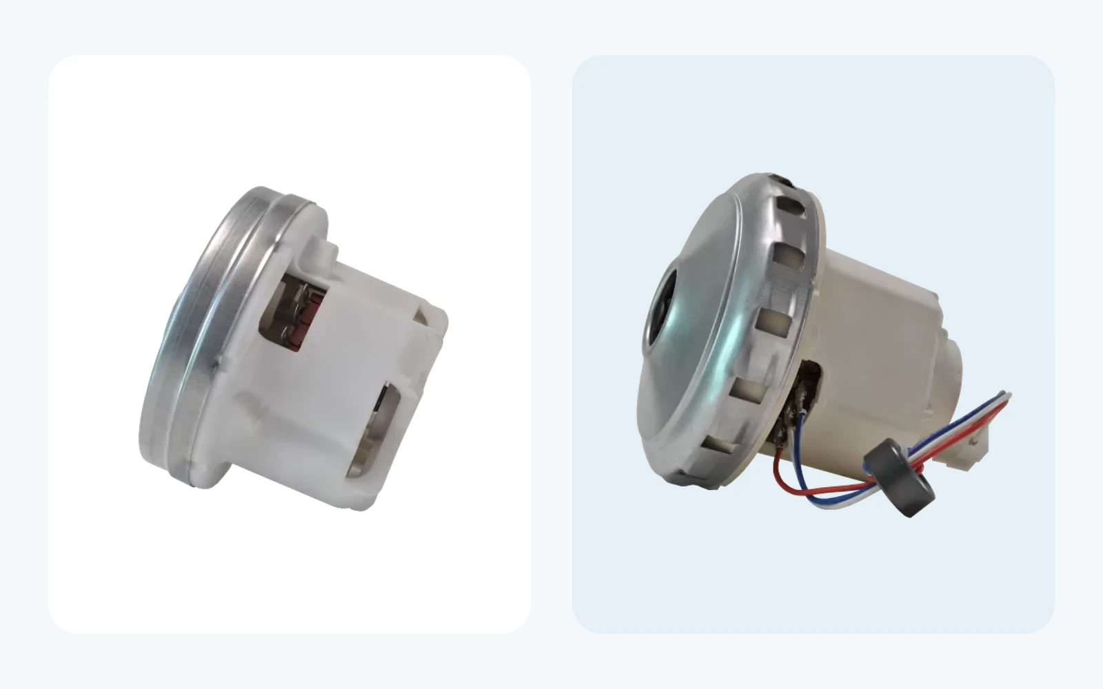Domel Series 728 thru-flow and Series 729 bypass brushless vacuum motors shown side by side