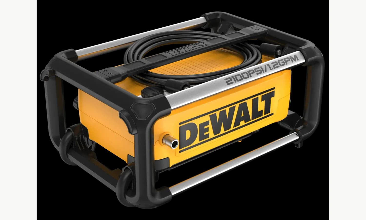 Angled view of a DEWALT DWPW2100 with its high-pressure hose stored in the frame