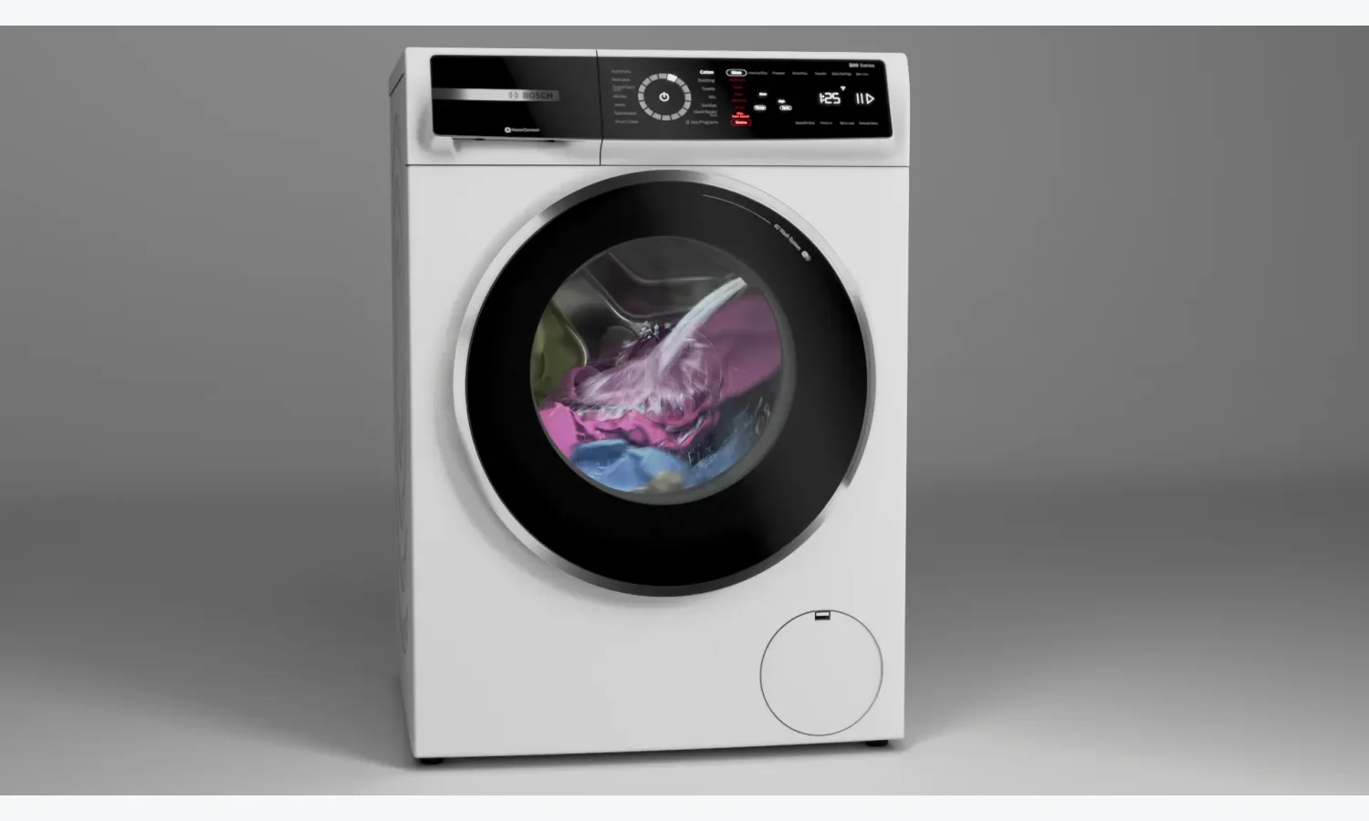 Bosch front-load washer with its circular front door open and laundry visible in the drum