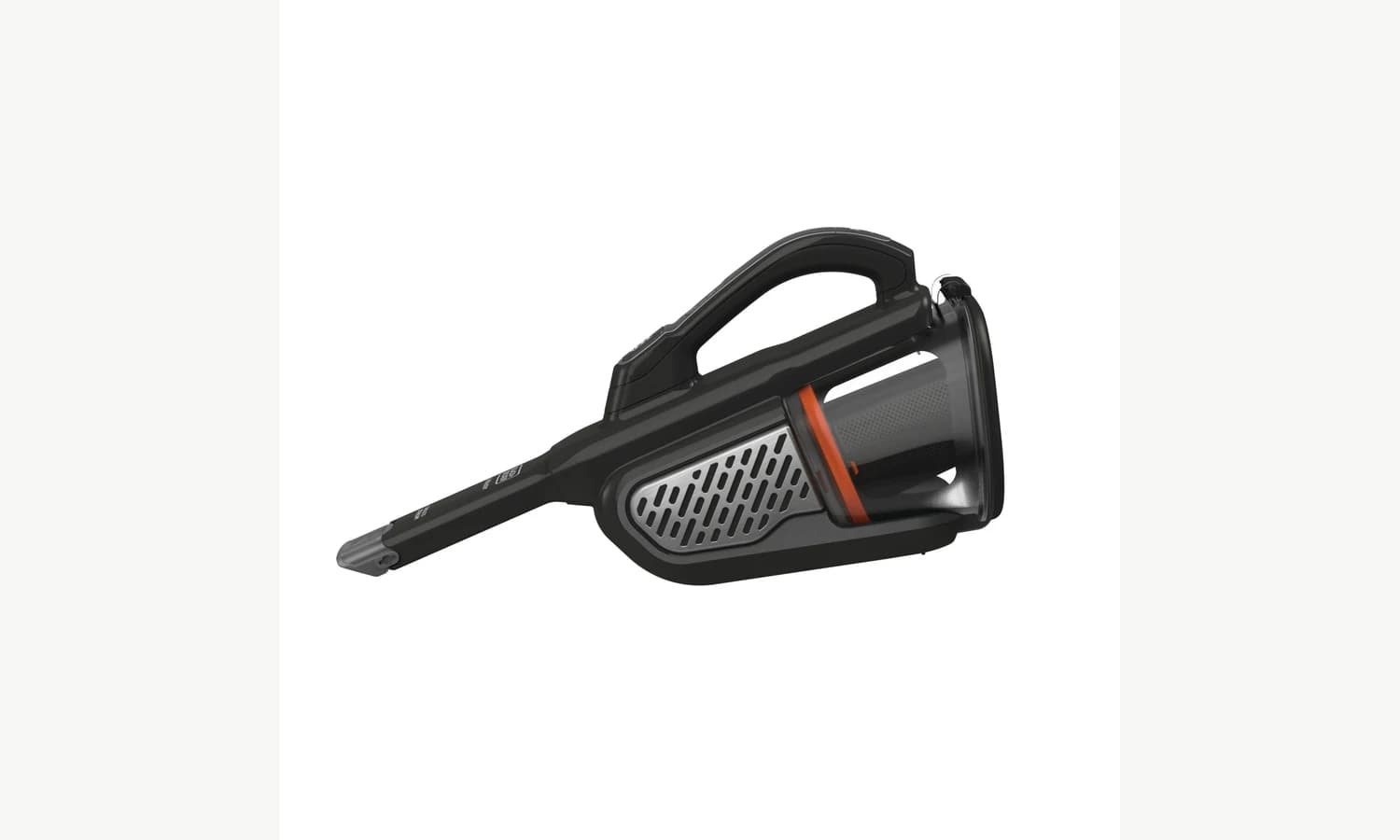Side profile of a BLACK+DECKER cordless handheld vacuum with its crevice nozzle extended