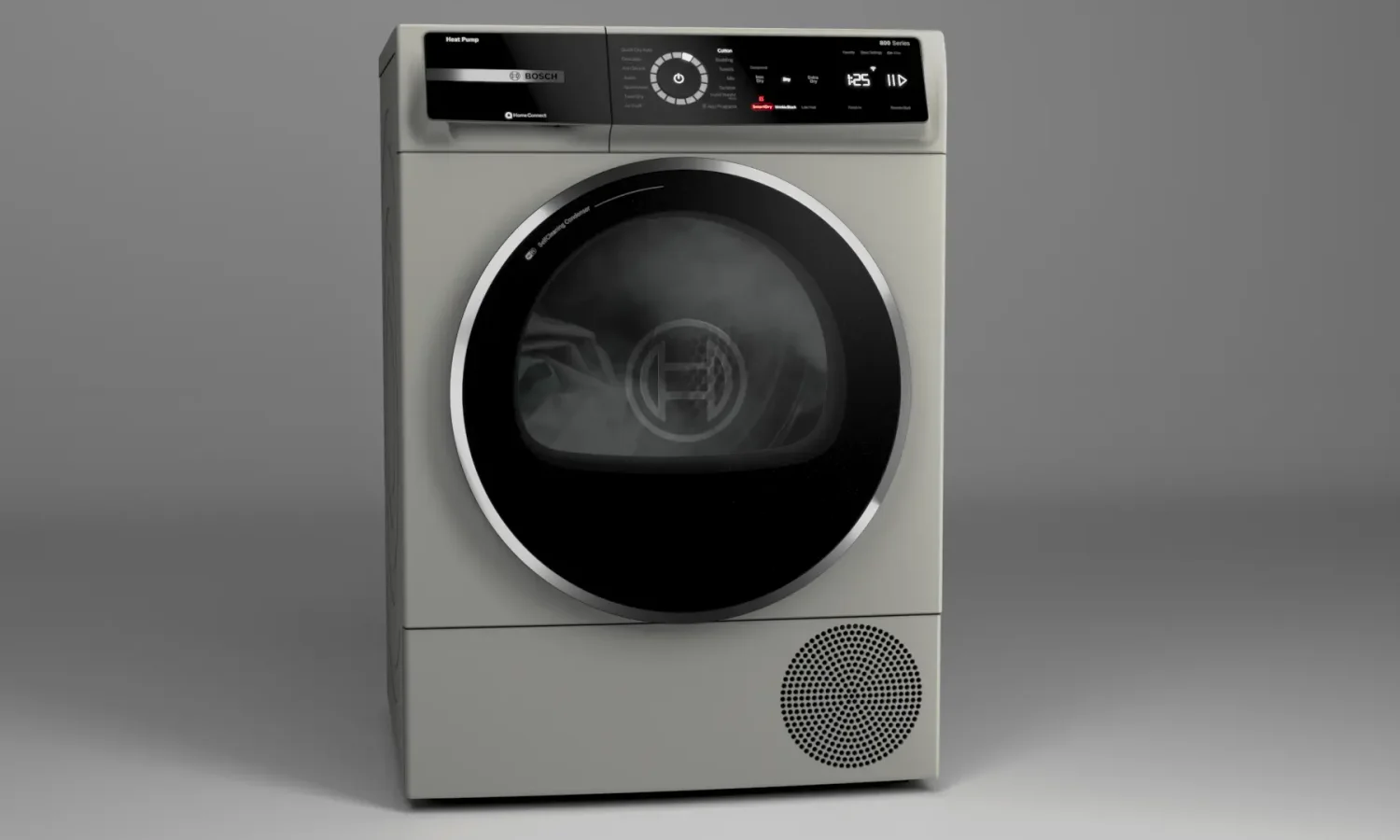 Bosch heat-pump dryer with textiles visible inside its drum