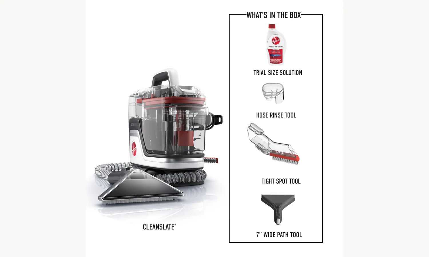 Hoover CleanSlate portable cleaner beside its hose and three hand tools