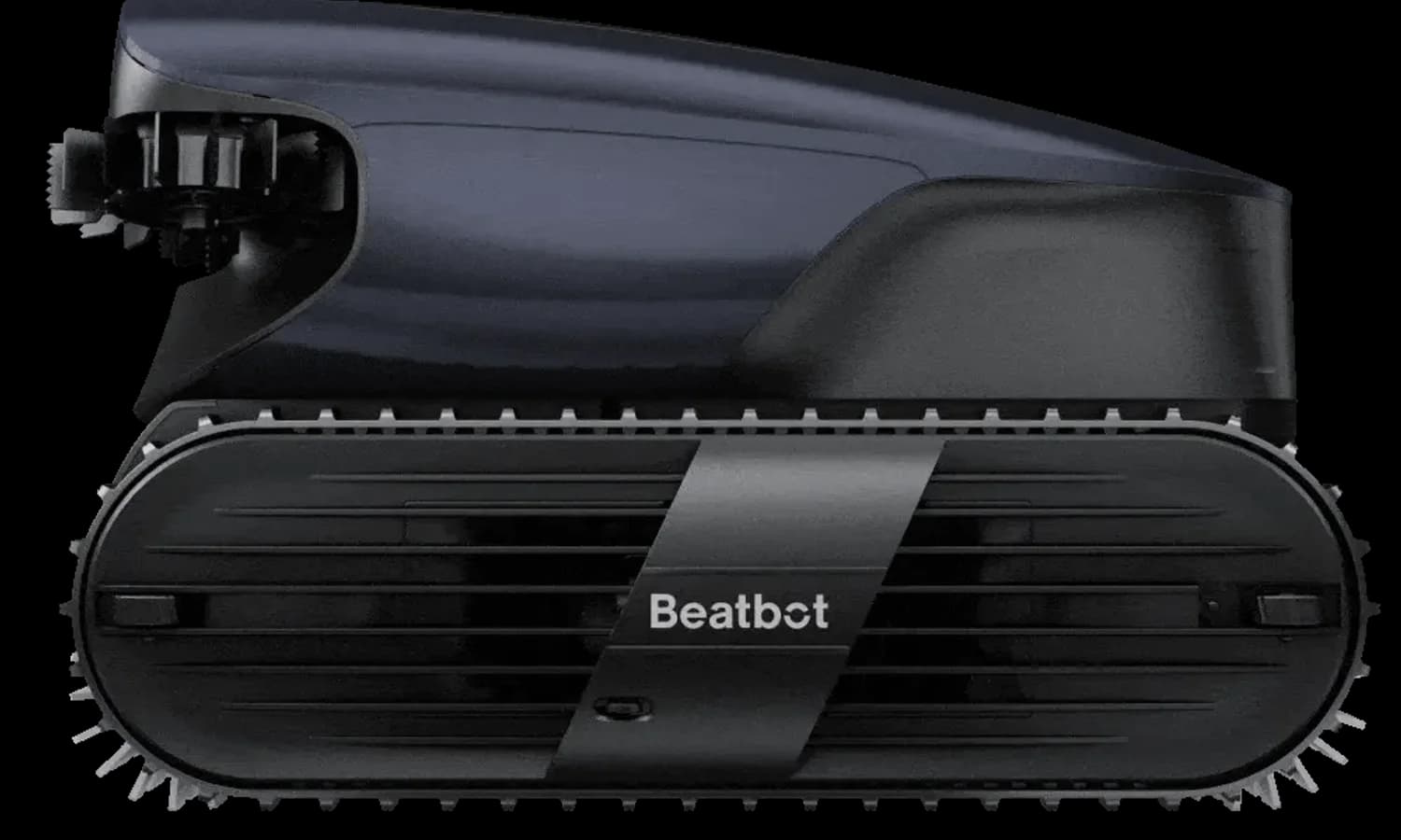 Side view of a Beatbot robotic pool cleaner with tracks and brushes