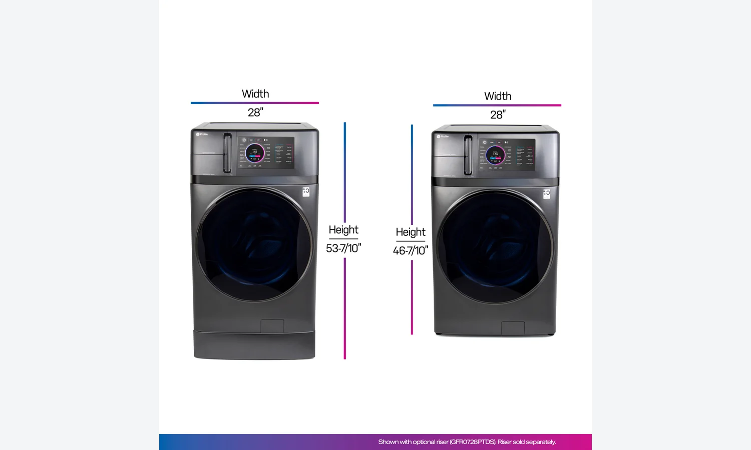 Two GE Profile washer-dryer combo installation heights shown with and without an optional riser