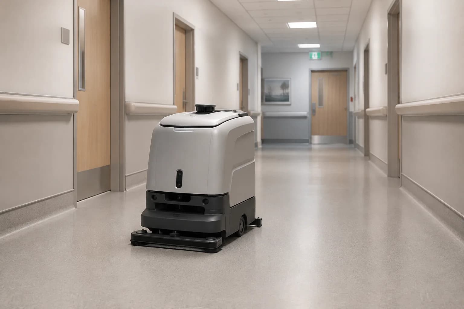 autonomous commercial scrubber in a healthcare corridor