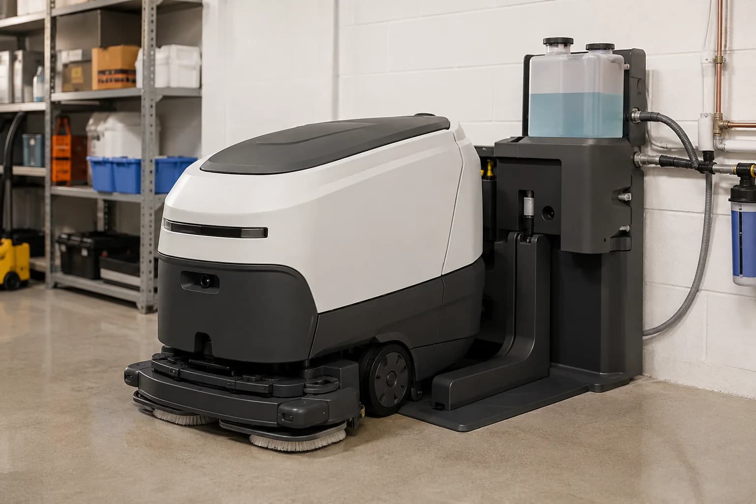 commercial cleaning robot at a service station