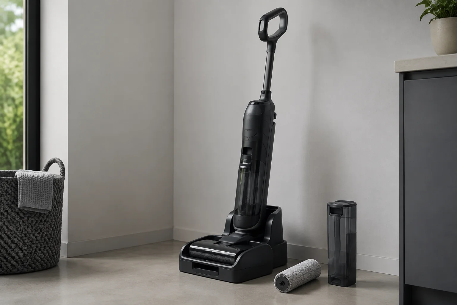cordless hard floor washer on a self-cleaning dock