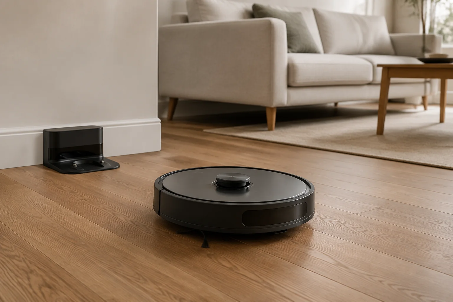 entry robot vacuum with compact dock in a home