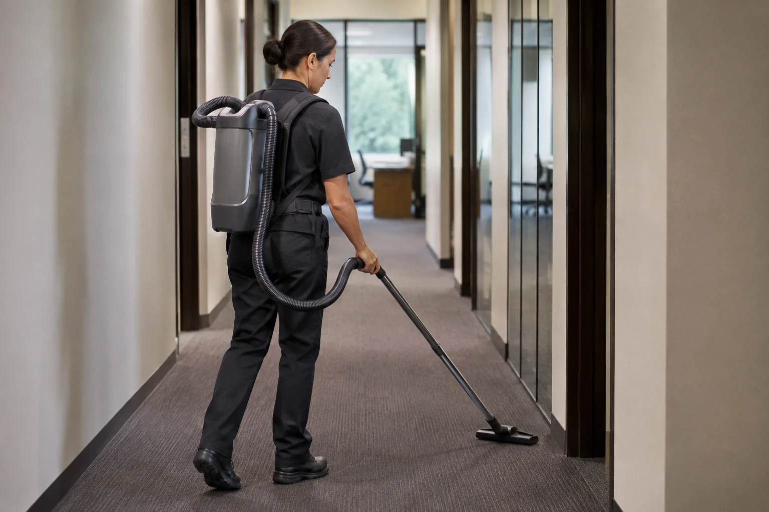 professional cleaner using a backpack vacuum in a hotel corridor