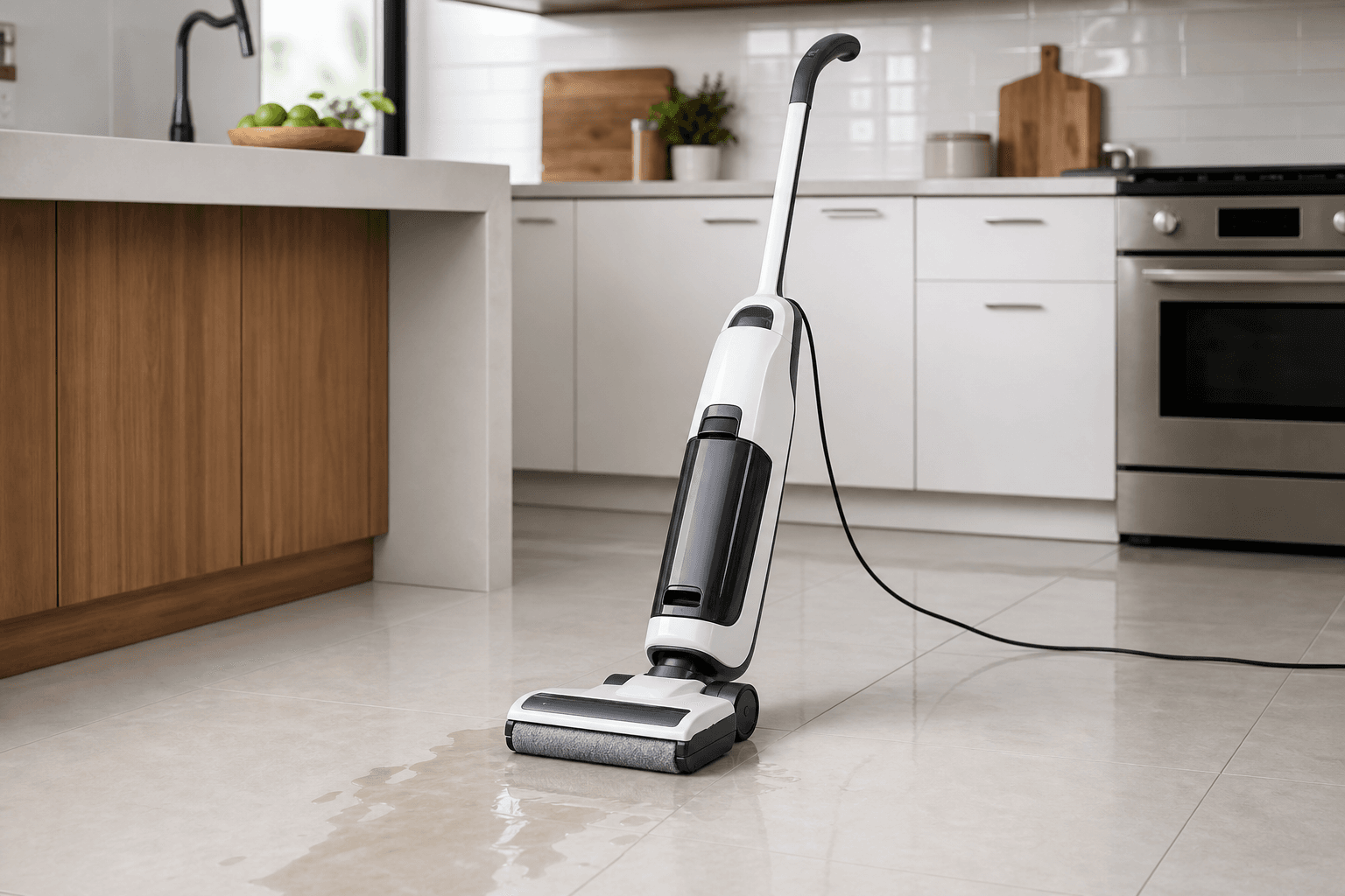 Illustrative hard floor washer for a bright residential kitchen