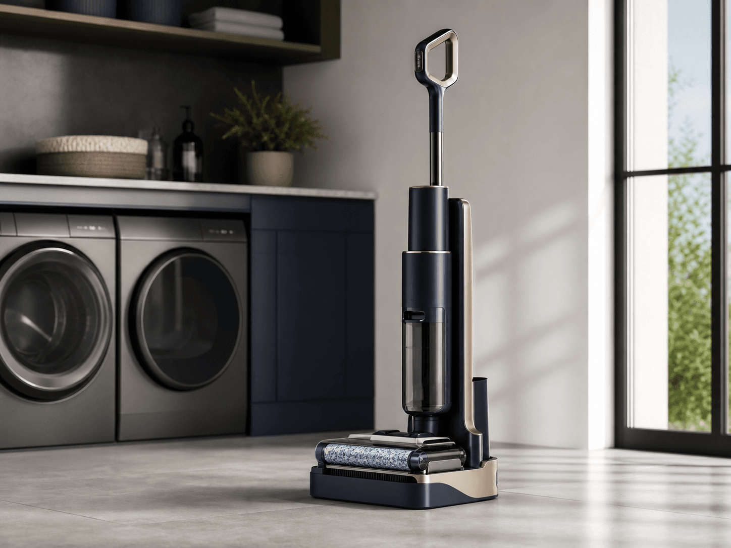 Illustrative cordless hard floor washer on a self-cleaning dock