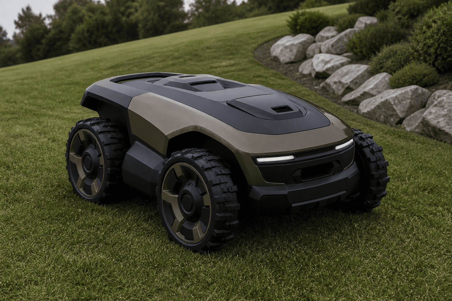 All-wheel-drive robotic mower representing repeatable difficult-terrain performance