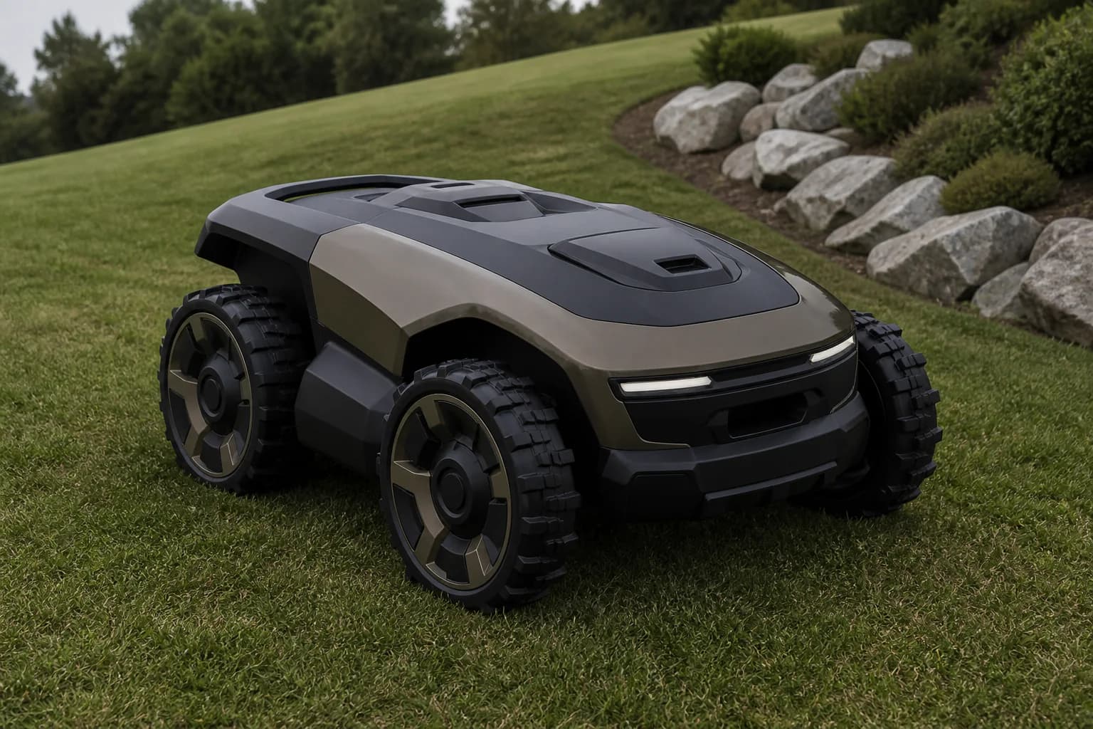 All-wheel-drive robotic mower representing repeatable difficult-terrain performance