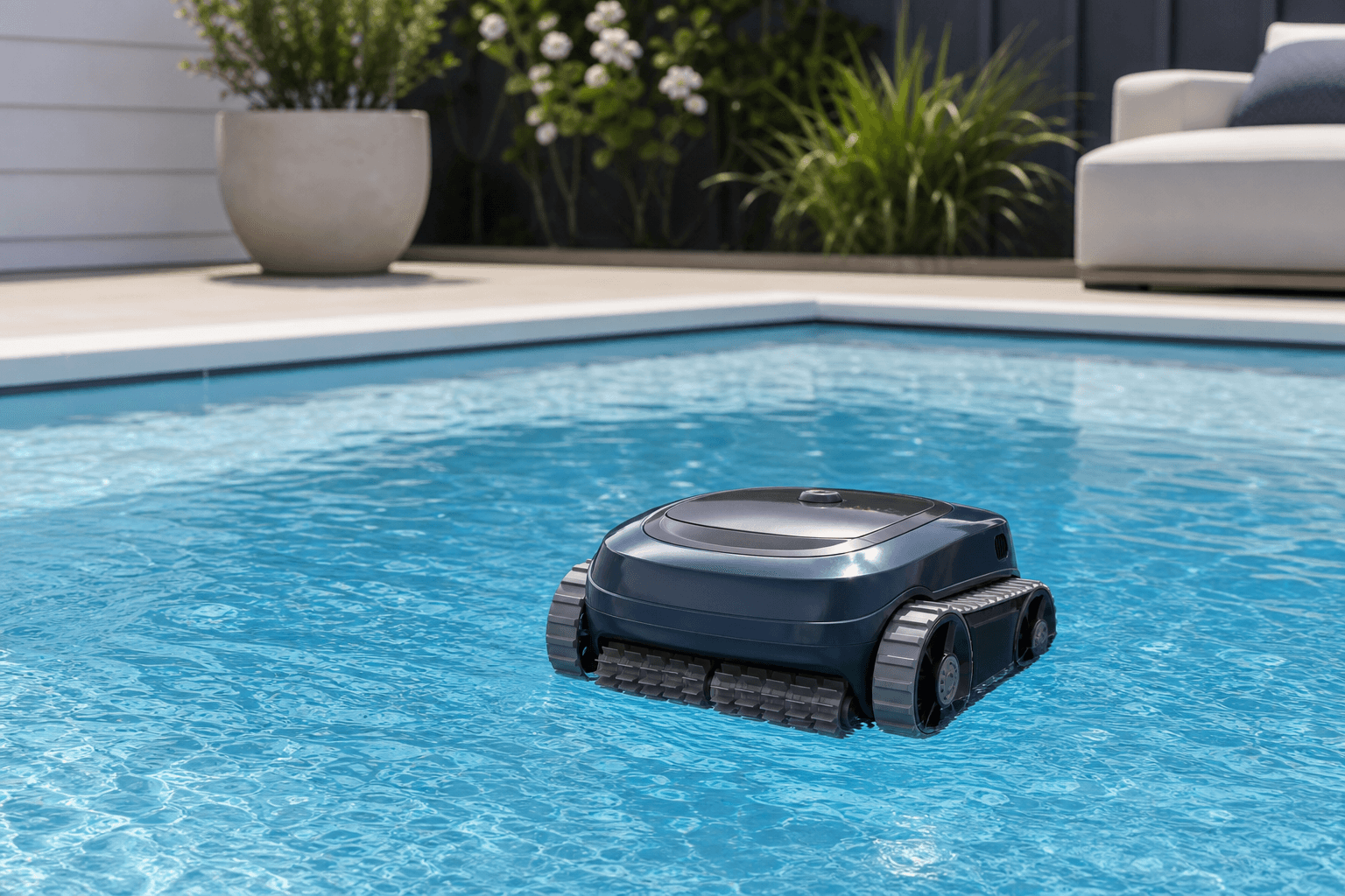 Illustrative cordless robotic pool cleaner for compact residential pools