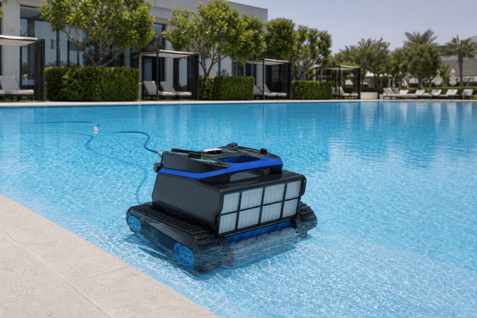 Illustrative high-capacity robotic pool cleaner in a large pool