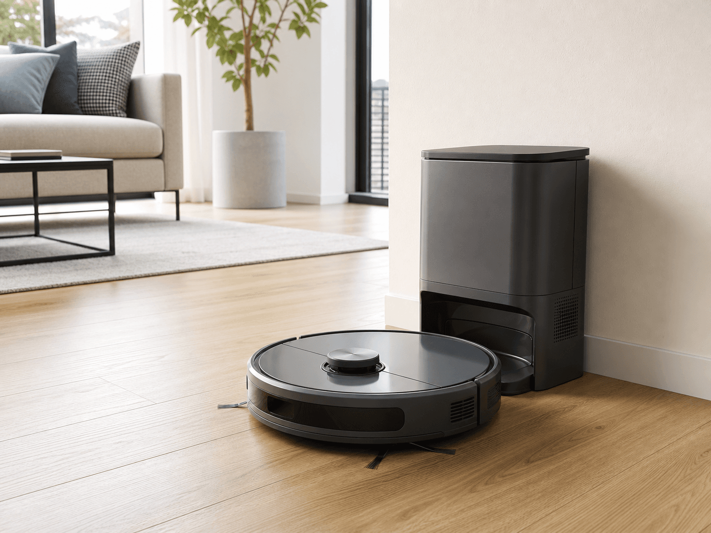 Illustrative entry robot vacuum with compact dock in a home