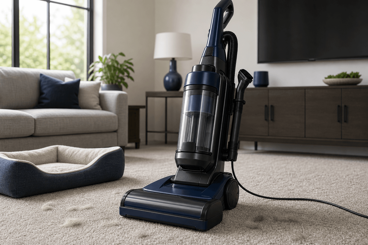 Illustrative upright vacuum cleaner for pet hair and carpet cleaning