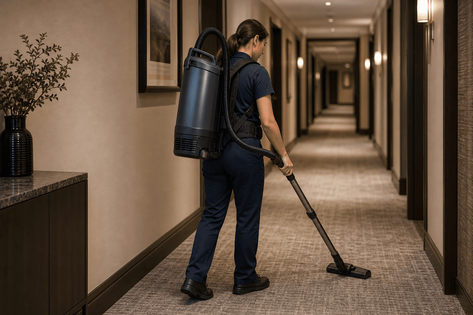 Illustrative professional cleaner using a backpack vacuum in a hotel corridor