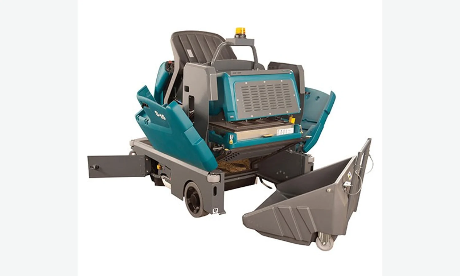 Tennant S16 ride-on sweeper with access panels open