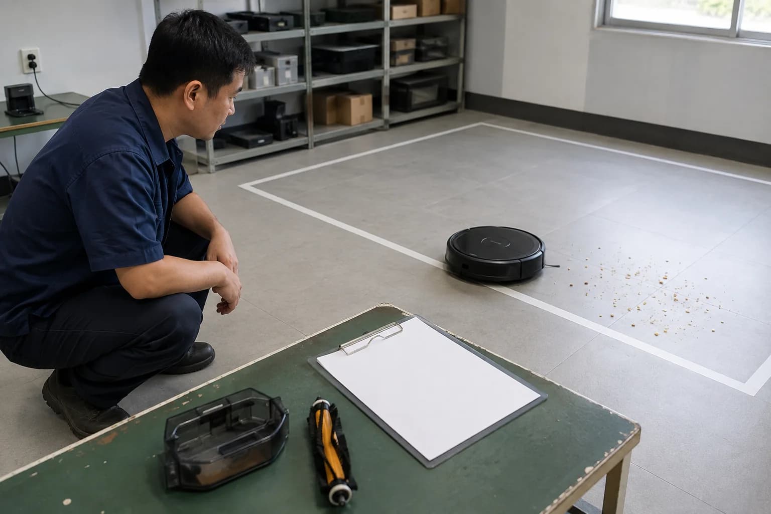 Technician observing a robot vacuum floor test