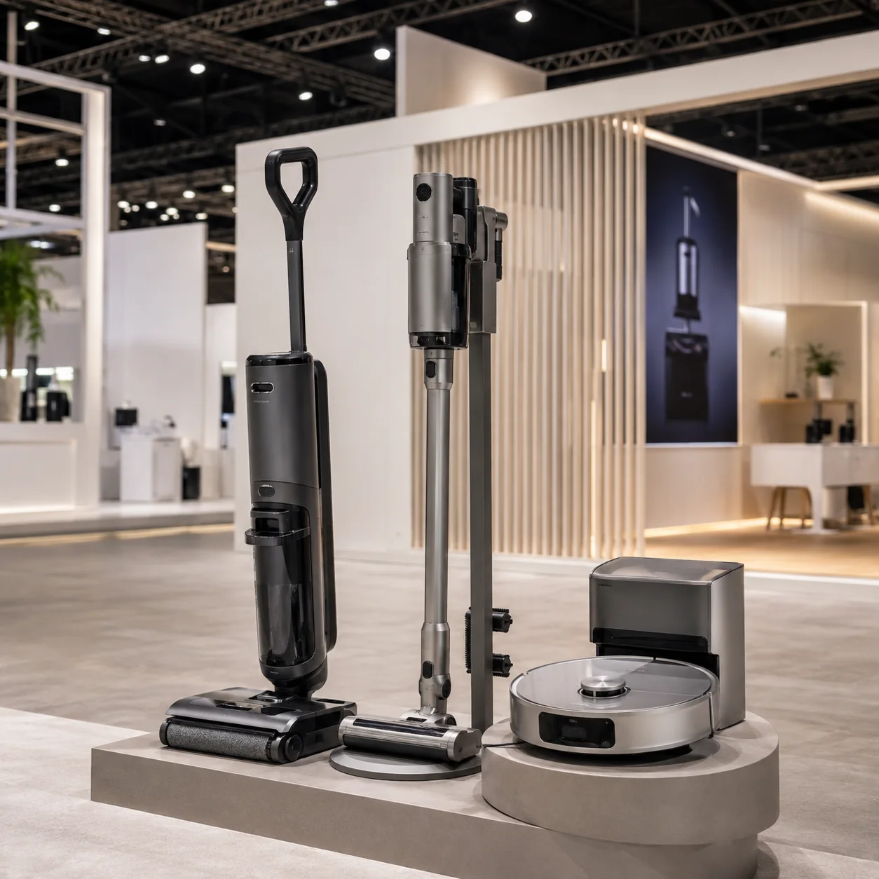 Cleaning appliances presented on display plinths in a modern exhibition booth