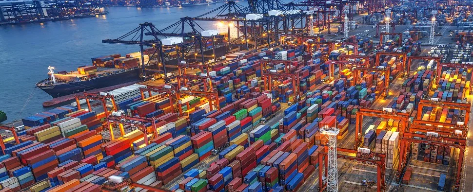 Congested container terminal filled with stacked shipping containers
