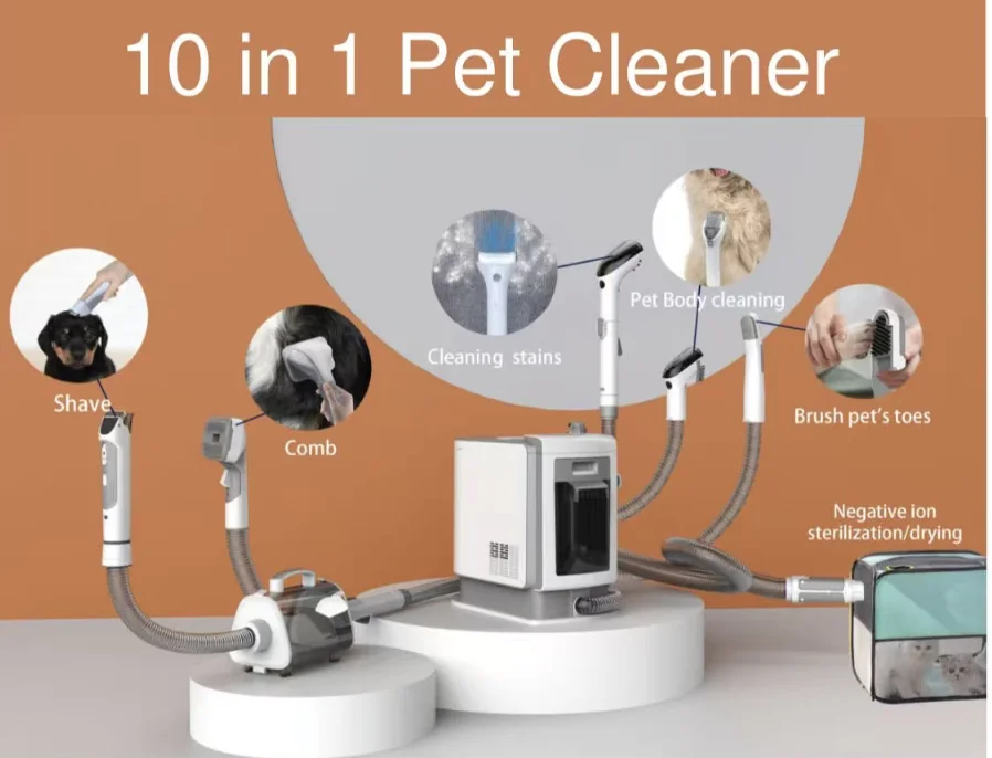 Ten-in-one pet-care machine with multiple grooming and cleaning attachments