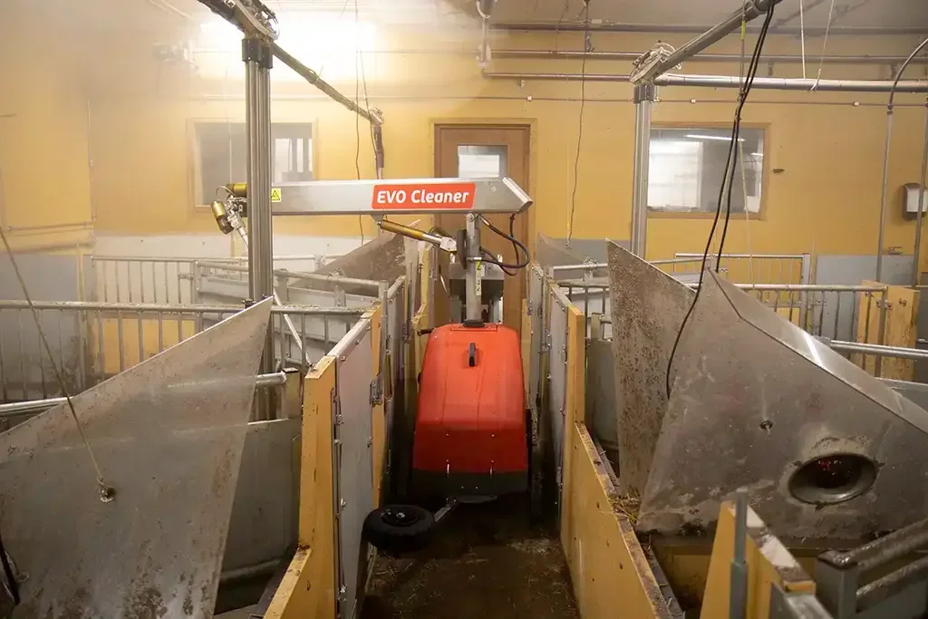 An Envirologic EVO Cleaner working in the aisle between pig pens.