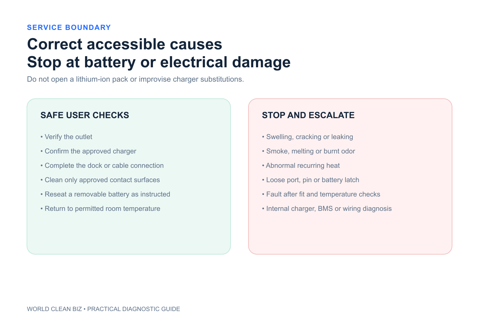 Decision guide separating external power, fit and temperature corrections from battery, charger and internal service