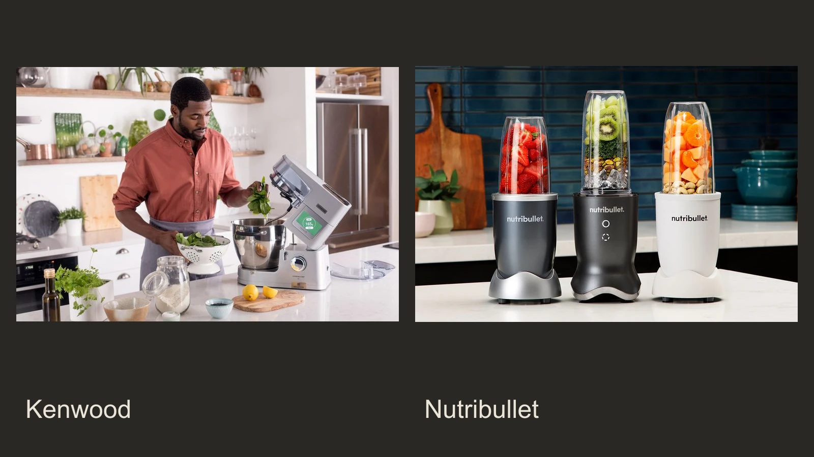 Kenwood kitchen machine and Nutribullet blenders in separate official product scenes