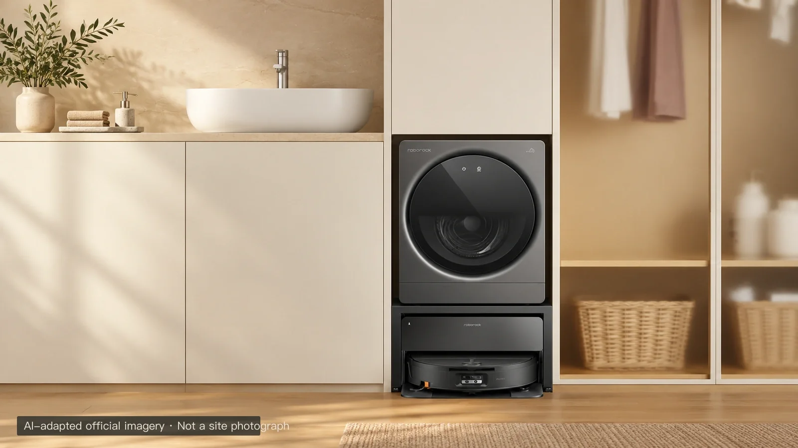 AI-adapted official Roborock imagery showing its compact washer and robot dock beside household cabinetry