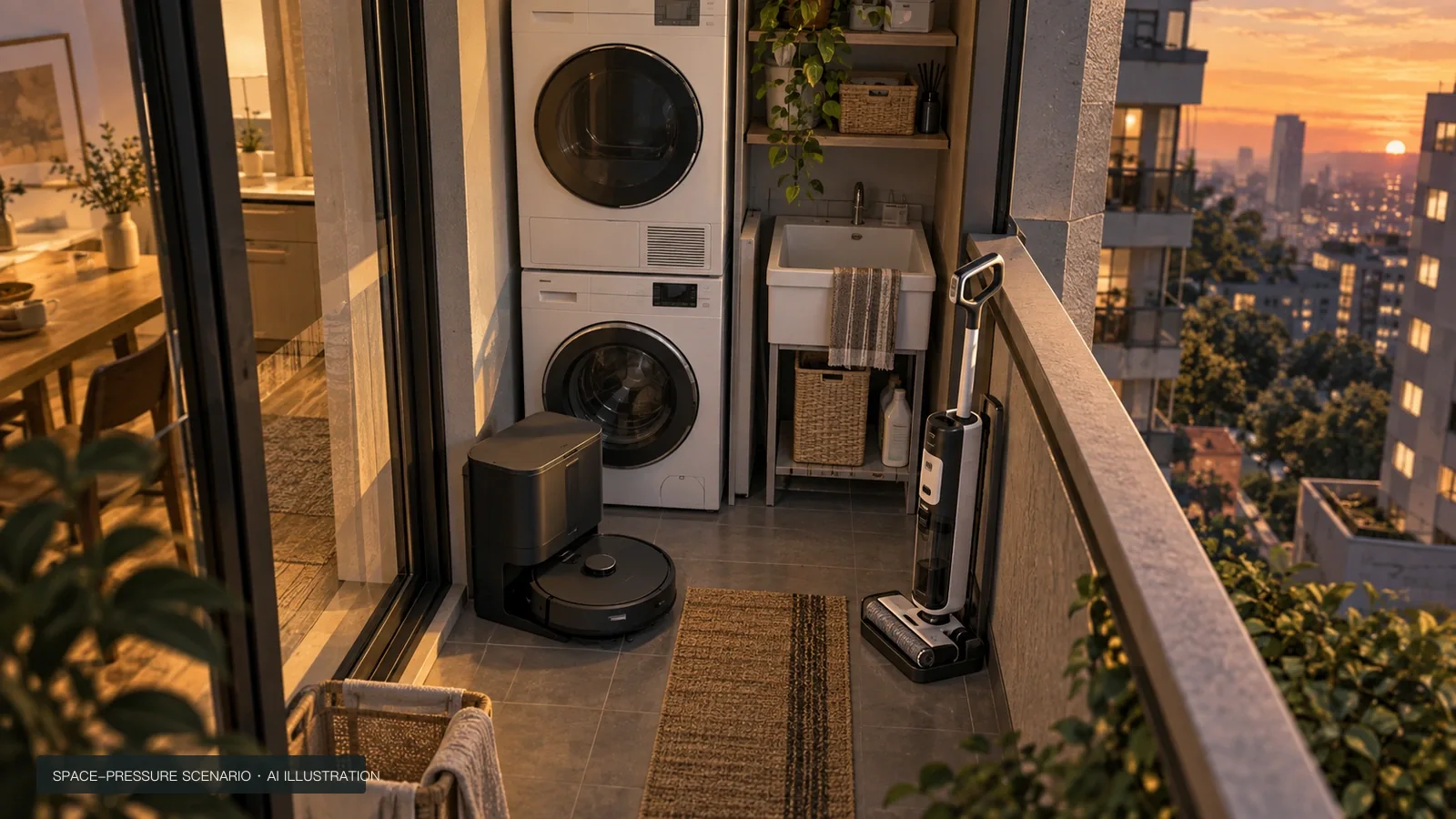 Concept illustration of a narrow utility balcony occupied by laundry appliances, a sink, a robot dock and a wet floor washer