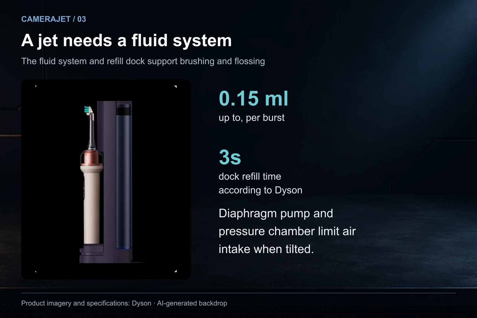 Official CameraJet refill-dock image explaining a jet volume of up to approximately 0.15 ml, three-second refilling and liquid delivery when tilted