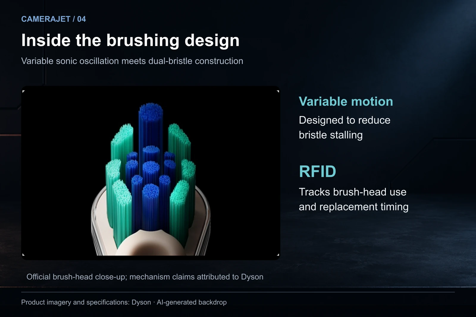 Official CameraJet dual-bristle close-up explaining variable oscillation and RFID brush-head replacement reminders
