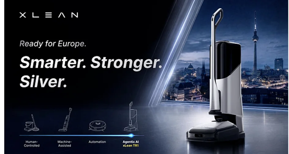xLean TR1 in silver beside its station, in a promotional image with a Berlin backdrop.