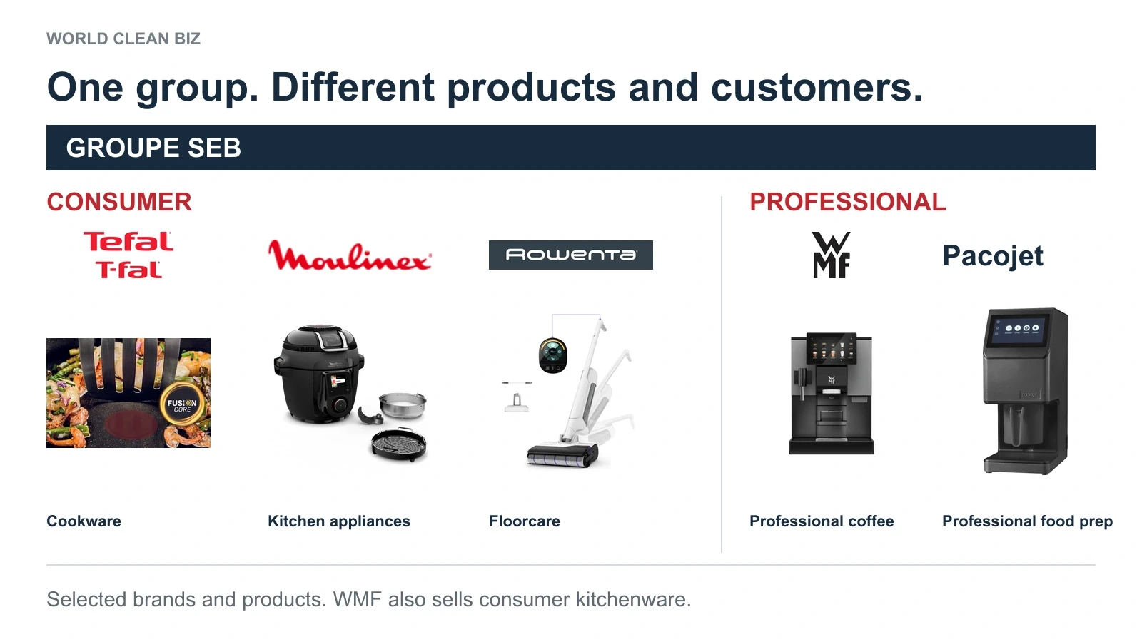 Selected Groupe SEB brands and real products, connecting consumer cookware, kitchen appliances and floorcare with professional coffee and food preparation.