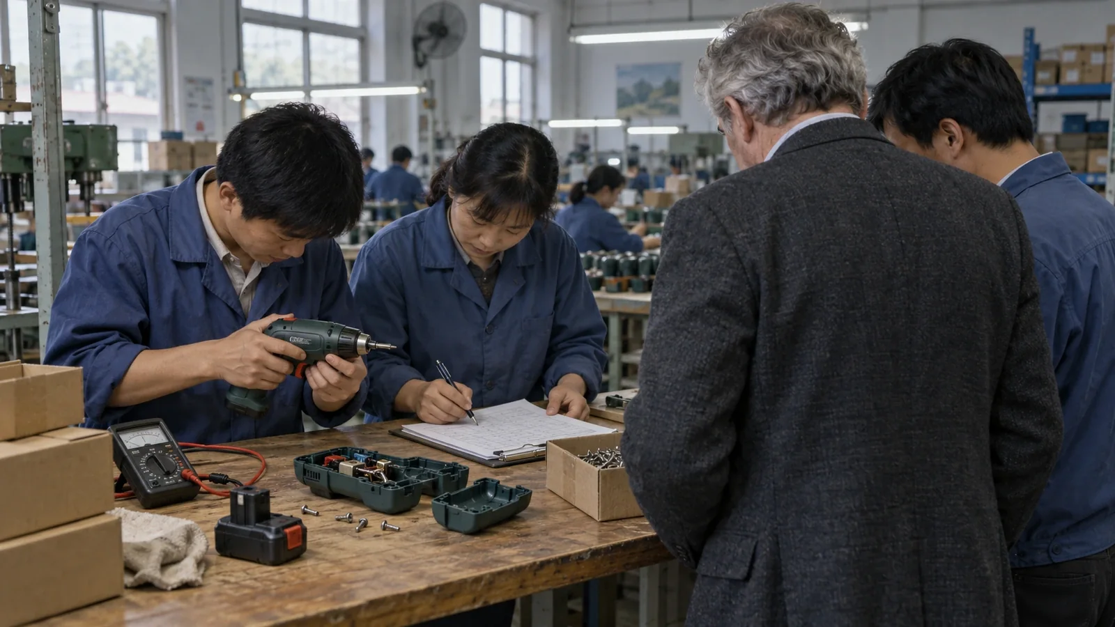 Illustrated factory quality-control scene with workers examining a cordless tool