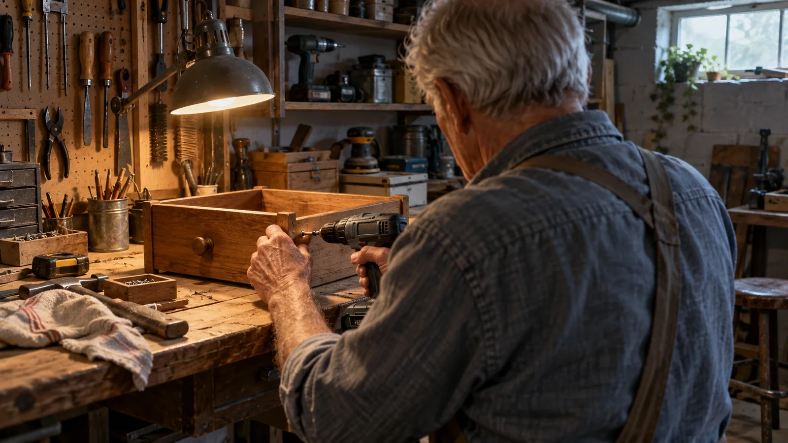 An illustrative view of someone testing a cordless tool at a workbench in a home workshop