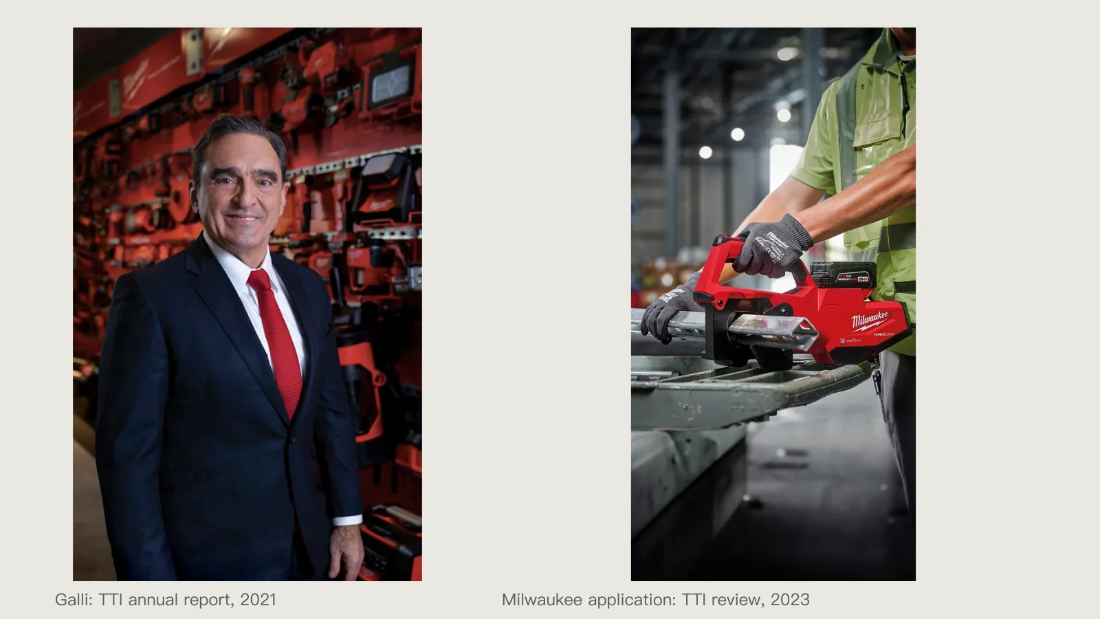Galli pictured in TTI’s 2021 annual report, alongside a separate Milwaukee application photograph from its 2023 review