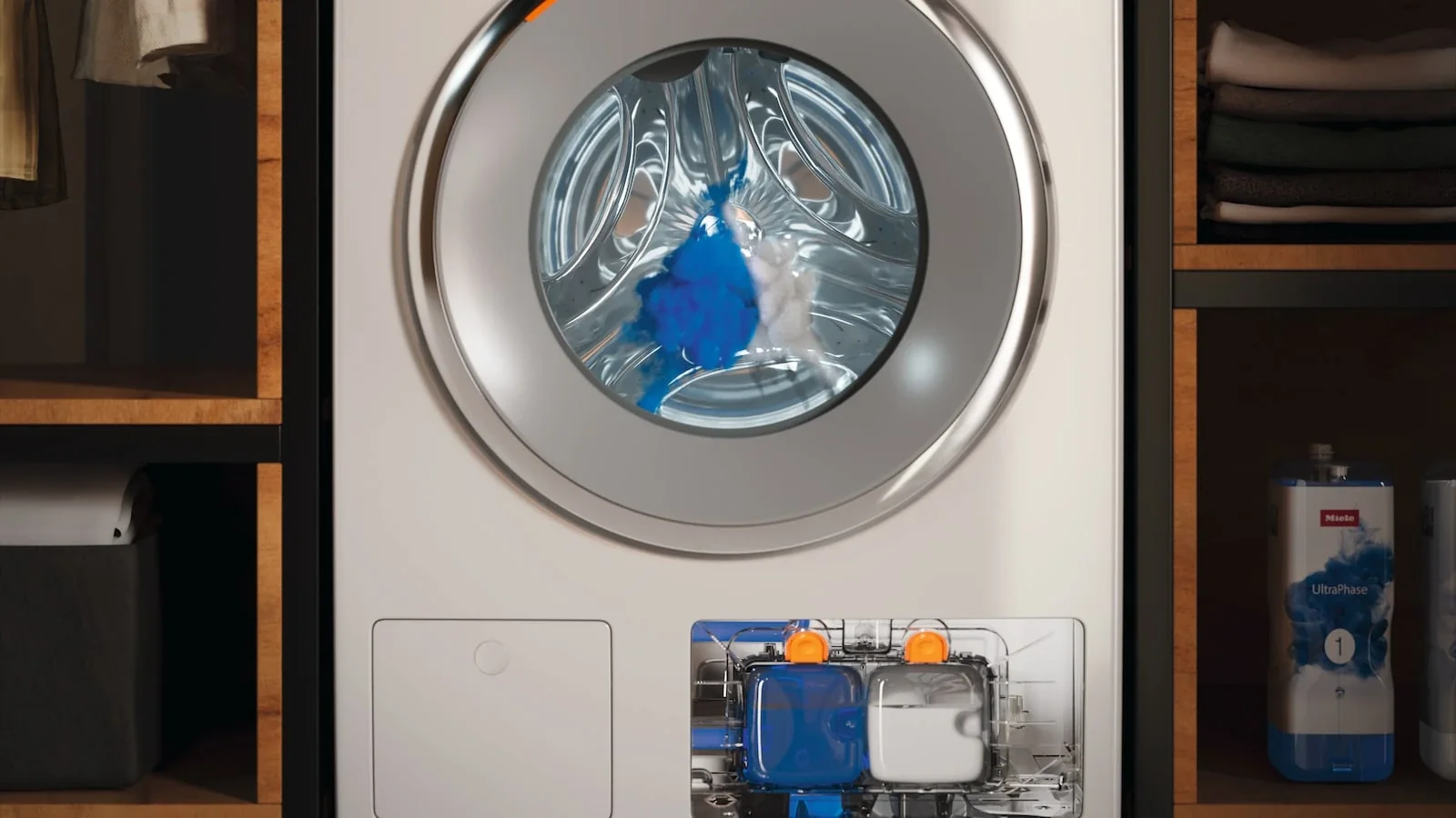 Miele TwinDos detergent containers and automatic dispensing compartment