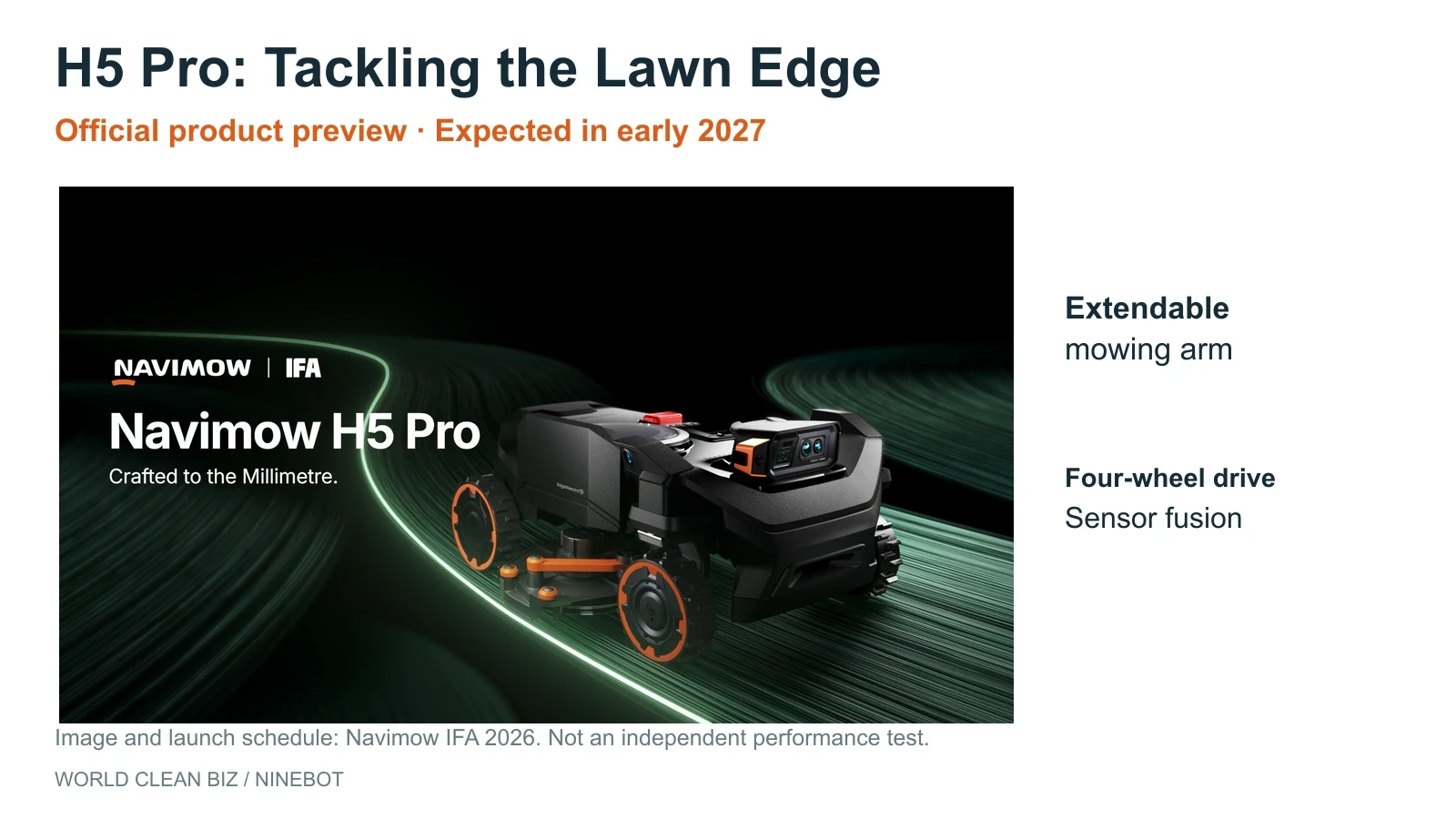 Navimow's official H5 Pro preview, with an extendable mowing arm, four-wheel drive and sensor fusion; planned availability is early 2027.