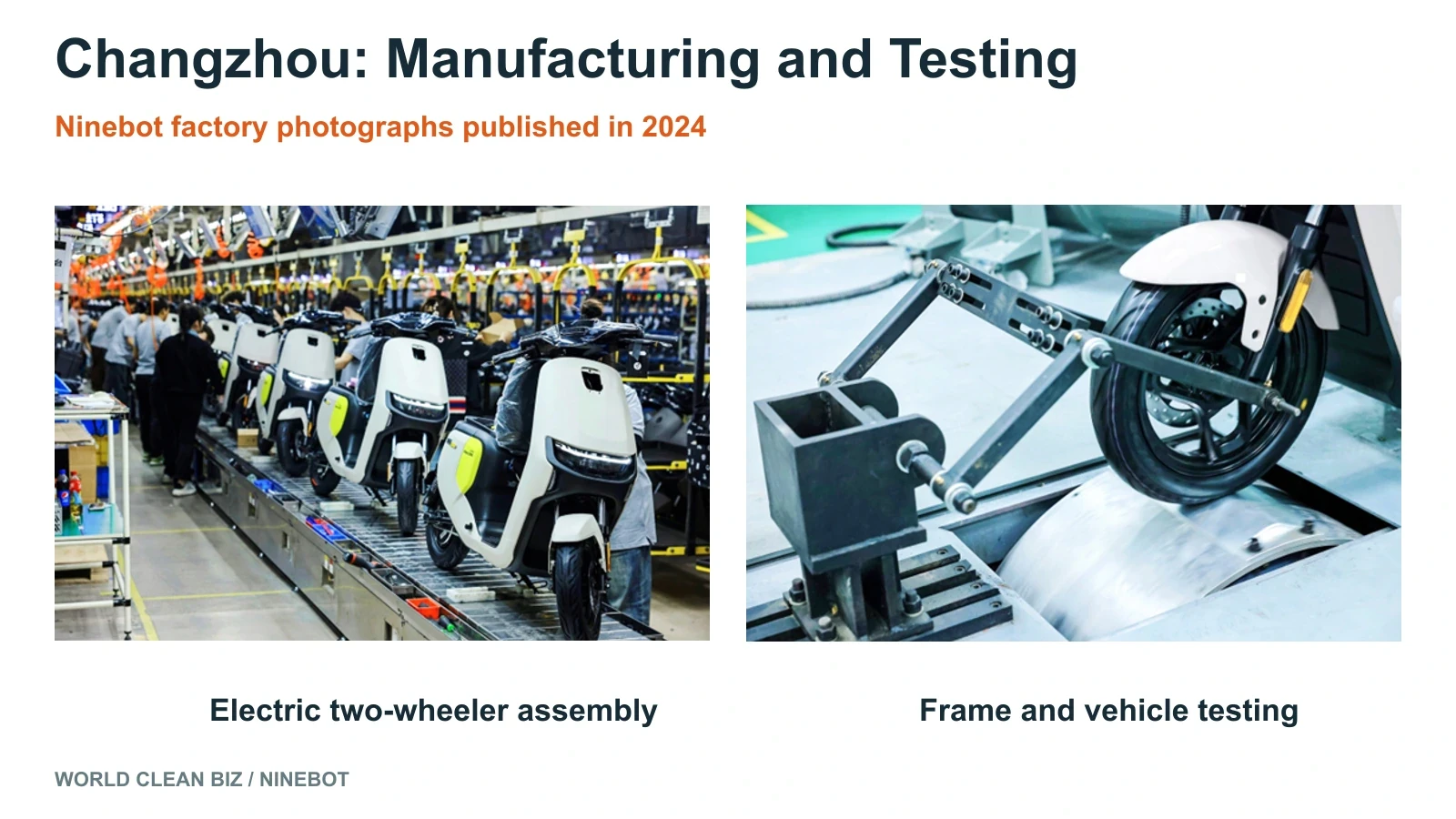 Ninebot electric two-wheeler assembly line and vehicle testing equipment in Changzhou, photographed in 2024.