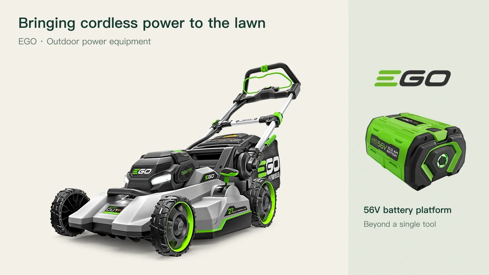 Original EGO product photographs of a cordless mower and a 56V battery, with the official EGO logo.