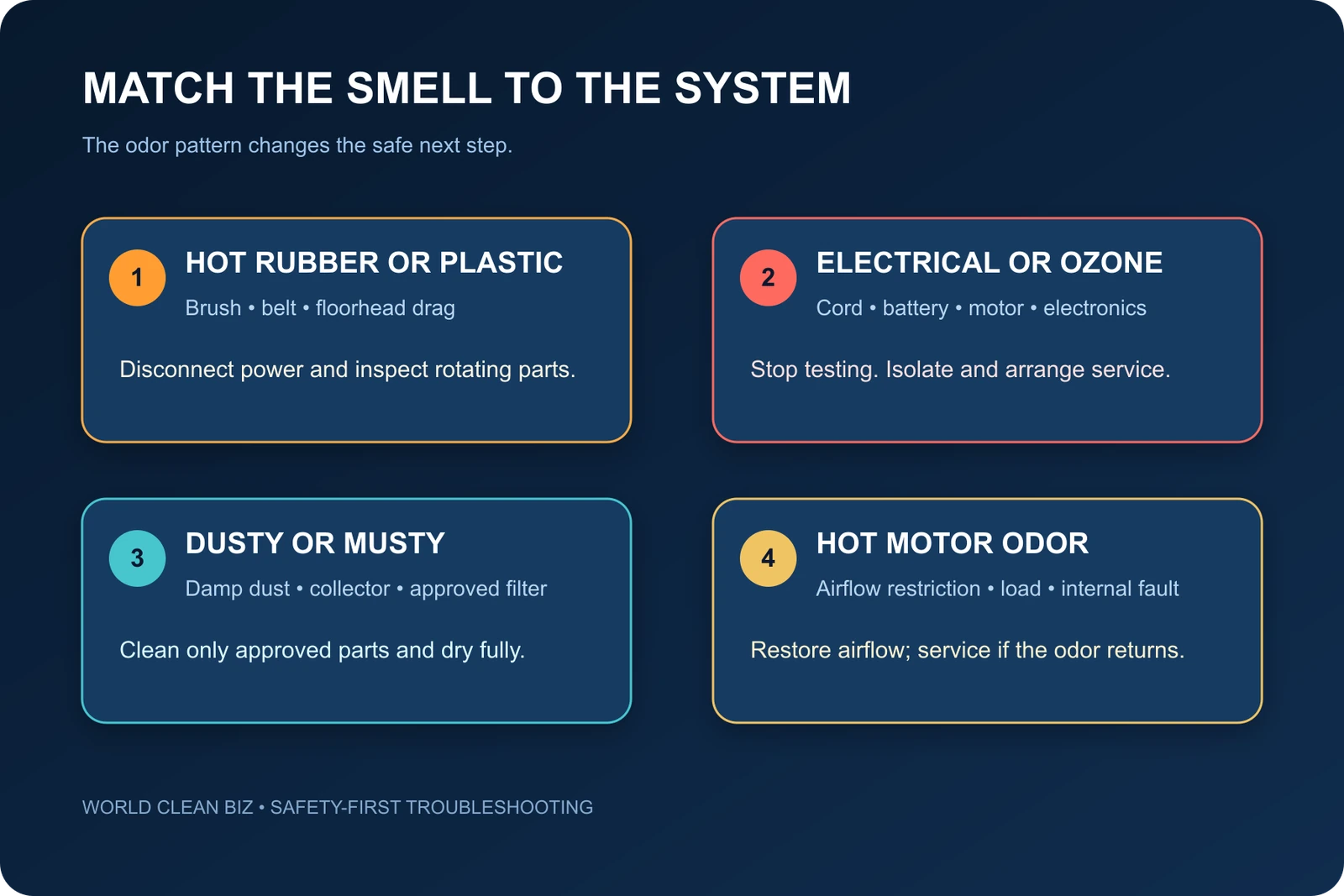 Map matching hot rubber, electrical, musty and hot motor odors to vacuum systems