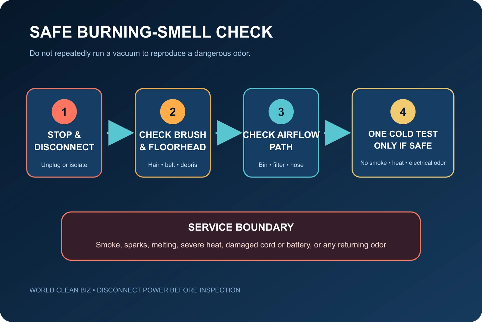 Safe sequence for responding to a vacuum cleaner burning smell
