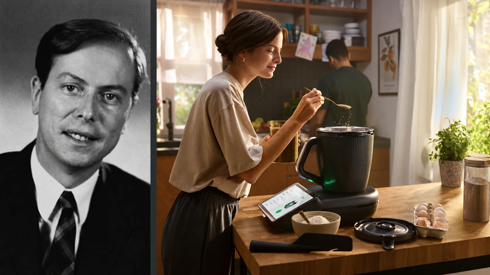 AI-assisted editorial juxtaposition of an archival Jörg Mittelsten Scheid portrait and an official Thermomix TM7 kitchen photograph; separate eras and locations