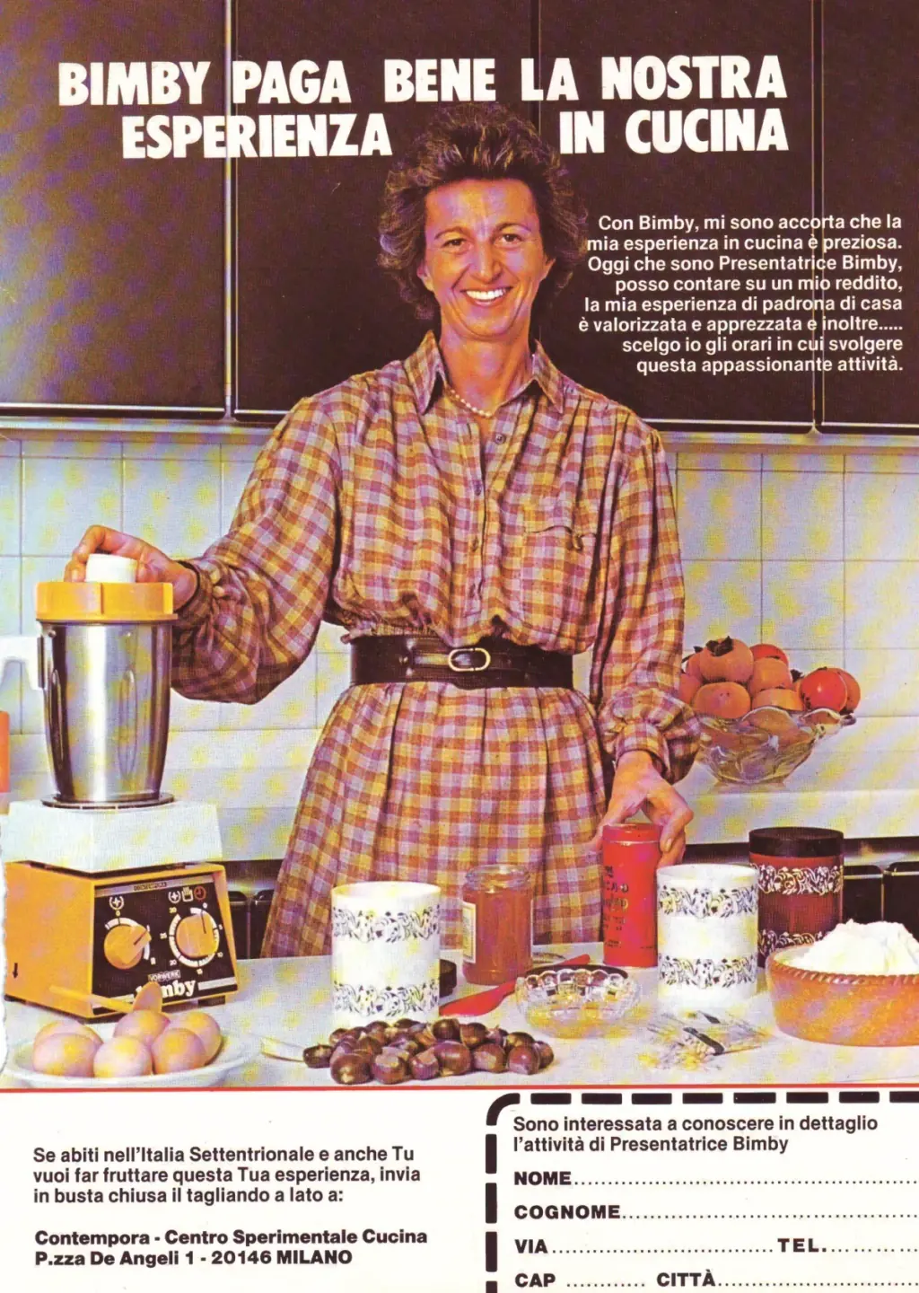 An archival Bimby advertisement showing a presenter and a kitchen machine