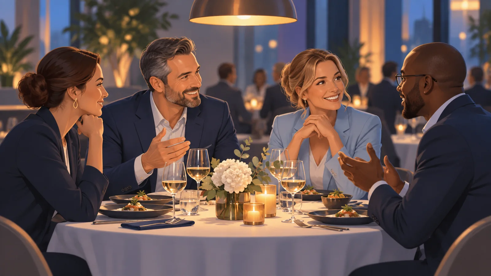 Illustration of professionals at a networking dinner