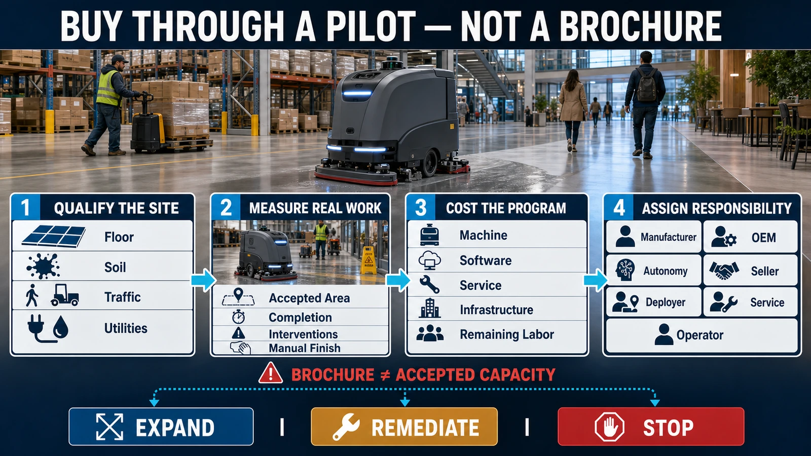 Autonomous floor scrubber procurement workflow covering site qualification, pilot metrics, full cost and responsibility