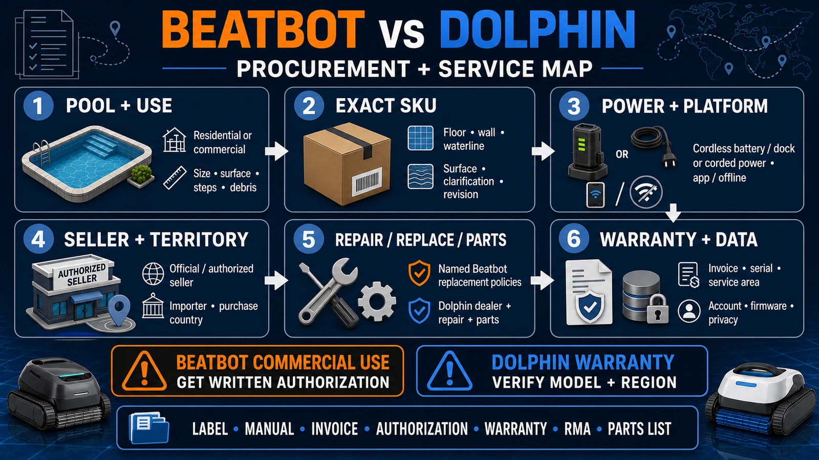 Beatbot and Dolphin procurement map covering pool fit, SKU, seller, service, warranty and commercial-use checks
